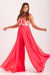 Buy_Kefi Collections_Pink Viscose, Georgette Embroidery V-neck Falak Flowy Jumpsuit _at_Aza_Fashions