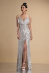 Buy_Kommal Sood_Silver Lycra Stretch Net Embroidered Sequins Work Front Slit Gown  _at_Aza_Fashions