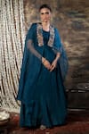 Buy_Kesar Studio_Blue Silk, Organza Pearls, Embroidery Square Placket Embellished Draped Gown_at_Aza_Fashions