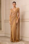 Buy_Tarun Tahiliani_Brown Shot Chiffon Plain V Neck Concept Pre-draped Saree With Fluted Corset _at_Aza_Fashions