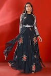 Buy_Isha Gupta Tayal_Green Organza Printed Floral Round Layered Gown With Belt _at_Aza_Fashions