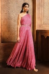 Buy_Aneesh Agarwaal_Pink Chiffon Printed Floral Asymmetric One Shoulder Jumpsuit _at_Aza_Fashions