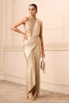 Buy_Tarun Tahiliani_Gold Body Suit  Tulle And Concept Saree  Foil Jersey Metallic With Bodysuit _at_Aza_Fashions