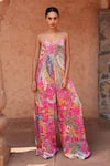 Buy_Ruhr India_Fuchsia Silk Velvet Printed Floral V Neck Flared Jumpsuit _at_Aza_Fashions