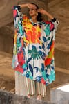 Buy_Pooja-Keyur_Blue Kaftan Satin Bomber Print Paradise Floral V Neck With Pant  _at_Aza_Fashions