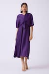 Buy_Scarlet Sage_Purple Polyester V-neck Pleated And Flared A-line Dress _at_Aza_Fashions