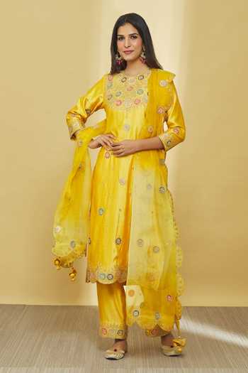 Buy_Surbhi Shah_Yellow Silk, Organza Sequins, Applique, Embroidery, Tassels Dori Kurta Set _at_Aza_Fashions