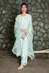 Buy_Pants And Pajamas_Blue Cotton, , Felt Aqua Chikankari Kurta Pant And Dupatta - Set Of 3 _at_Aza_Fashions