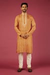 Buy_Krishna Mehta_Orange Tussar Printed Bandhani Kurta Set _at_Aza_Fashions