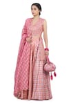 Seema Nanda_Pink Chanderi Silk Printed Phulkari V Neck Kamla Lehenga Set  _Online_at_Aza_Fashions