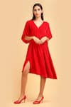Buy_Label Ivish_Red Silk, Velvet V-neck Gathered Asymmetric Dress _at_Aza_Fashions