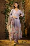 Buy_Bairaas_Purple Mul Cotton Hand Block Print Blossom V Neck Placement Anarkali Set_at_Aza_Fashions