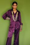 Buy_Esha Arora_Purple Cotton Satin Embroidery Geometric Collared Neck Shirt And Pant Set _at_Aza_Fashions