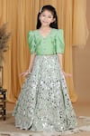 Buy_The Little Celebs_Green Silk, Crepe Pearls, Stones Embroidered Blouse And Lehenga Set _at_Aza_Fashions