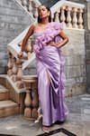 Buy_SAANJH BY LEA_Purple Satin Embroidery Hand Made Organza Pariza Pre-draped Saree With Blouse _at_Aza_Fashions