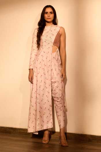 Buy_Pasha India_Pink Linen Embroidery High Neck, Floral Print Asymmetric Kurta And Dhoti Pant Set _at_Aza_Fashions