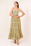 Buy_Pheeta_Yellow Cotton Printed Floral Round Tiered Dress_at_Aza_Fashions