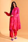 Buy_Moh India_Magenta Cupro Printed Flower Boat Neck Full Sleeve Tunic And Trouser Set_at_Aza_Fashions