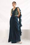 Buy_Smriti By Anju Agarwal_Green Crepe, Organza, Chiffon Sequins, Beads Square Ruffle Pre-draped Saree Set _at_Aza_Fashions
