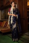 Buy_Priyanka Raajiv_Blue Chanderi Silk Lotus Pattern And Stripe Border Devi Saree _at_Aza_Fashions