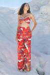 Buy_Tizzi_Red Chiffon, Satin Floral Print Straight Flared Pant_at_Aza_Fashions