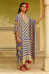 Buy_Swati Vijaivargie_Blue Silk Embroidery, Mirrors Mandarin Collar Striped Flared Kaftan _at_Aza_Fashions
