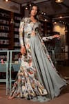 Buy_Vana Ethnics_Grey Viscose Printed Floral V Neck Anarkali And Palazzo Set _at_Aza_Fashions