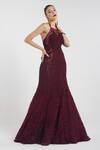 Buy_Rohit Gandhi + Rahul Khanna_Maroon Tulle Sequins, Crystals Halter Neck Martian Gown _at_Aza_Fashions