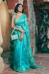 Buy_Show Shaa_Blue Blouse- Satin Embellished Floral Scoop Splash Print Saree With _at_Aza_Fashions