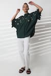 Buy_Studio Moda India_Green Cotton Embroidery Mandarin Collar Sway Work Kimono Shirt _at_Aza_Fashions