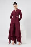 Buy_Aakaar_Wine Moss Crepe Embellished Floral Shawl Collar Blazer And Pant Set _at_Aza_Fashions