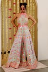 Buy_Rajbinder Chahal_Blue Dupion Silk Embroidery Mirror High Neck Jumpsuit  _at_Aza_Fashions