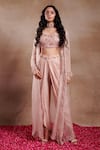 Buy_SHASHA GABA_Pink Organza Hand Embroidered Herbs Lips Long Shrug And Dhoti Pant Set  _at_Aza_Fashions