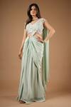 Buy_Vana Ethnics_Green Viscose Sequins, Embroidery V-neck Pre-draped Saree With Blouse _at_Aza_Fashions