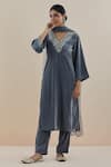 Buy_Makaan.51_Grey Silk Velvet Embroidered Pearl V Neck Kurta Set  _at_Aza_Fashions