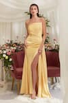 Buy_Zosia_Yellow Luxury Crush Satin Asymmetric Iris Draped Dress _at_Aza_Fashions