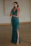 Buy_Nadine Dhody_Green Tulle Embroidery Sequin V Neck Gaia Gown  _at_Aza_Fashions