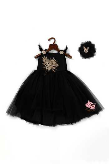 Buy_Pinkcow designs pvt ltd_Black Tulle Feathers, Embroidery Detailing Dress _at_Aza_Fashions