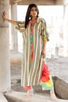 Buy_Pooja-Keyur_Green Cotton Satin Print Stripe Collared Pattern Shirt Tunic With Pant  _at_Aza_Fashions