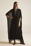 Buy_Shorshe Clothing_Black Chiffon Embroidery Floral V Neck Placket Kaftan _at_Aza_Fashions