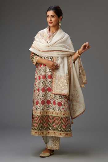 Buy_Kora_Red Silk, Cotton, Chanderi Embroidery, Tassels, Gota Hand Block Print Kurta Set _at_Aza_Fashions