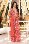 Buy_Chhavvi Aggarwal_Red Crepe, Net Sequins, Beads, Embroidery V-neck Floral Print Jacket Sharara Set _at_Aza_Fashions
