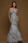 Buy_SHRIYA SOM_Blue Organza Embroidered Thread And Stone Work Straight Fish-cut Gown _at_Aza_Fashions