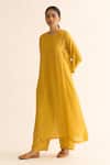Buy_Dot_Yellow Cotton, Silk Embroidery Round Neck Yoke Kurta And Pant Set _at_Aza_Fashions