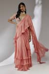 Buy_Neha Khullar_Peach Organza Embroidery Floral Pre-draped Ruffle Saree With Blouse  _at_Aza_Fashions