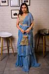 Buy_Priti Sahni_Blue Georgette Embroidered Sequin Round Solid Ruffle Pre Draped Saree Set _at_Aza_Fashions