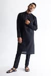 Buy_Kaha_Black Linen Solid Band Collar Kurta  _at_Aza_Fashions