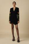 Buy_Shahin Mannan_Black Japanese Crepe Embroidered Bird Of Paradise V Neck Coat Dress  _at_Aza_Fashions
