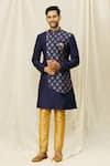 Buy_Aryavir Malhotra_Blue Art Silk Printed Floral Overlapped Sherwani Set _at_Aza_Fashions