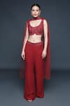 Buy_Sanjev Marwaaha_Red Georgette Embellished Beads Round Overlap Blouse Palazzo Set _at_Aza_Fashions